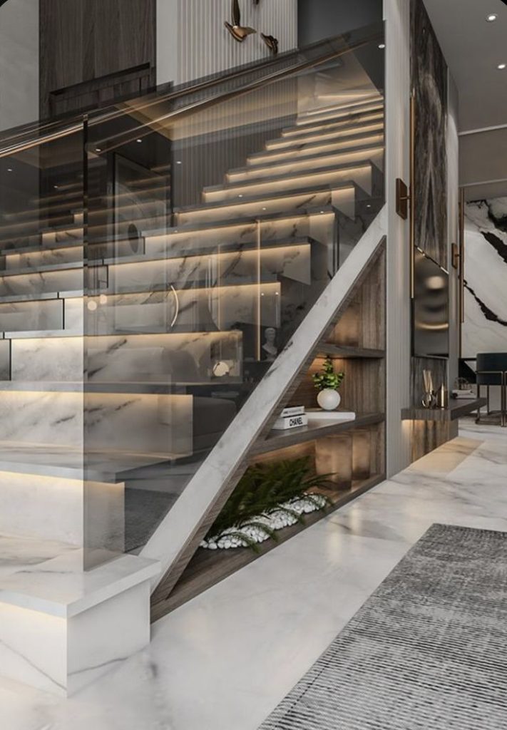 Glass staircase railing detailing and installation by the best specialists and professionals. Design and installation of accessories and glass staircase railing design.
